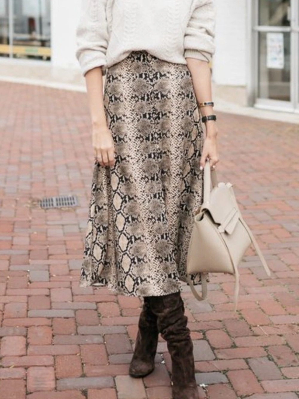 Zara Brown Snake Print midi front slit A-Line Midi Skirt size small #snakeprint